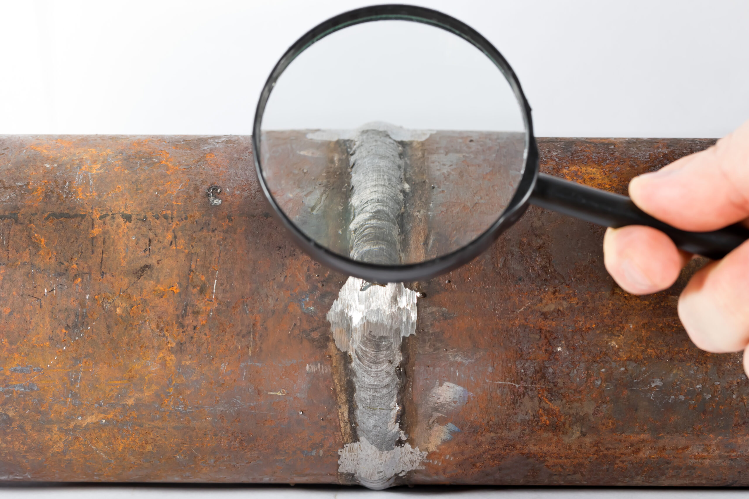 Visual inspections of the weld pipe with a magnifying glass