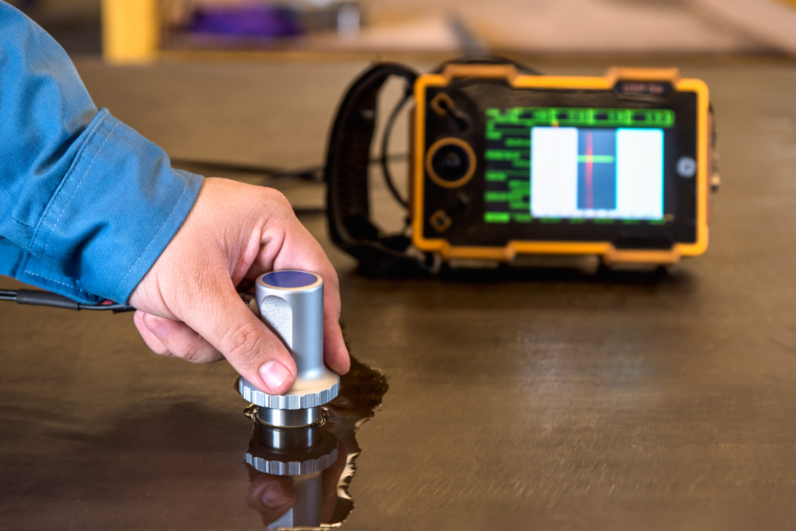 Ultrasonic test to detect imperfection or defect of steel plate in factory, NDT Inspection.